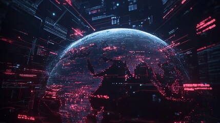 A digital representation of Earth encircled by futuristic red data lines, symbolizing global communication, connectivity, and the vast world of digital technology.