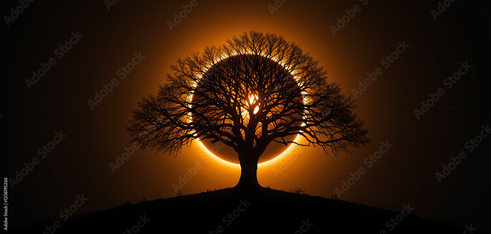 Poster a large, leafless tree stands prominently on a hill as a solar eclipse occurs, creating a striking c