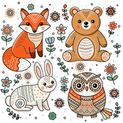 Four cute forest animals in doodle cartoon style. Fox, rabbit, bear, owl and forest  plants, flowers, leaves. Vector illustration on white background.For childish designs,  posters, banners,postcards