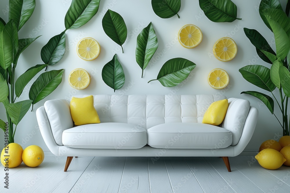Poster a white couch surrounded by lemons, perfect for adding a touch of citrus to any setting