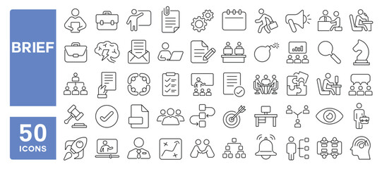 Set of 50 line icons related to brief, briefcase, presentation, business, workshop, brainstorming, discussion, deadline, deliver, final, work, Editable stroke. Vector illustration