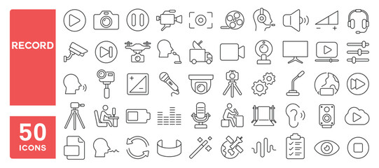 Set of 50 line icons related to record, audio, video, microphone, play, pause, checklist, photo, digital, voice, hear, watch, Editable stroke. Vector illustration