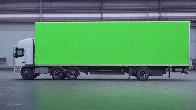 Large truck with green screen parked inside a well lit industrial warehouse