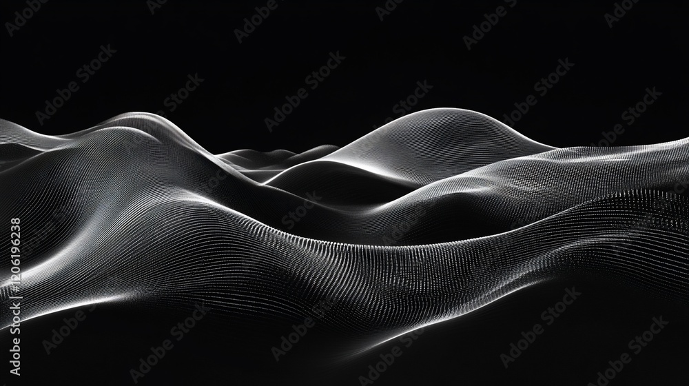 Poster abstract grayscale digital landscape, undulating waves of light and shadow, a mesmerizing interplay 