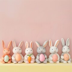 Festive Easter Bunnies Holding Pastel Eggs and Carrots on Minimal Background