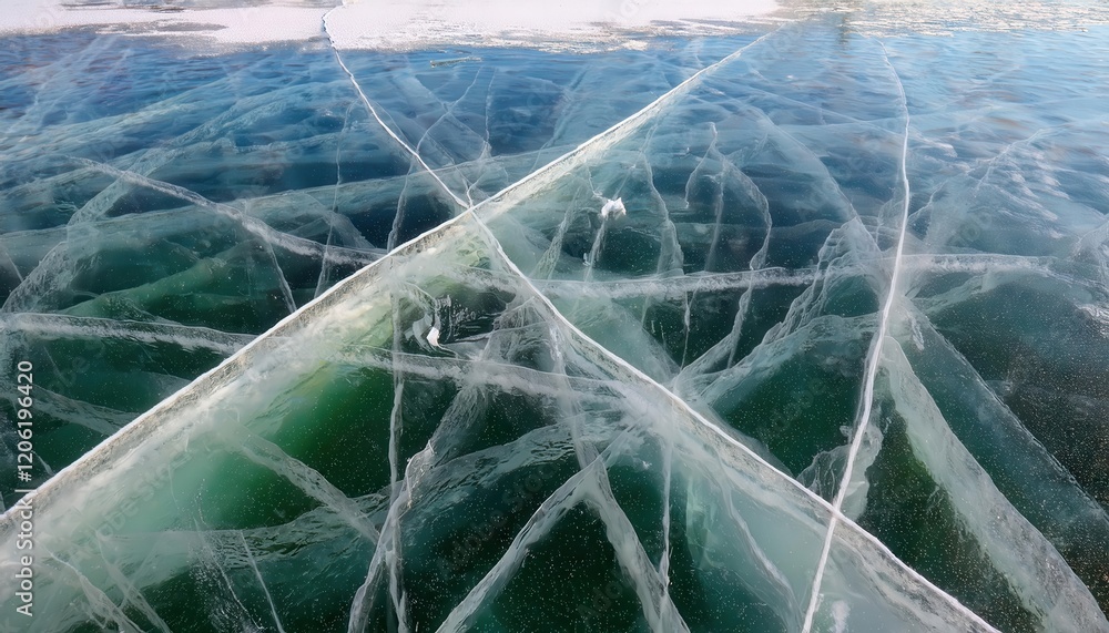 Poster abstract frozen surface with intricate white ice cracks on dark turquoise lake, natural winter patte