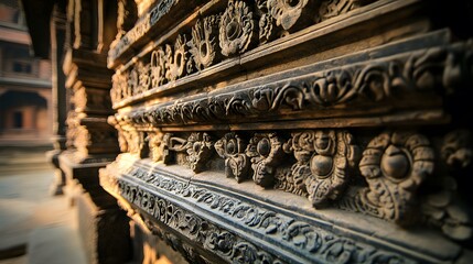 Fototapeta premium Intricate Stone Carving Detail Ancient Temple Architecture