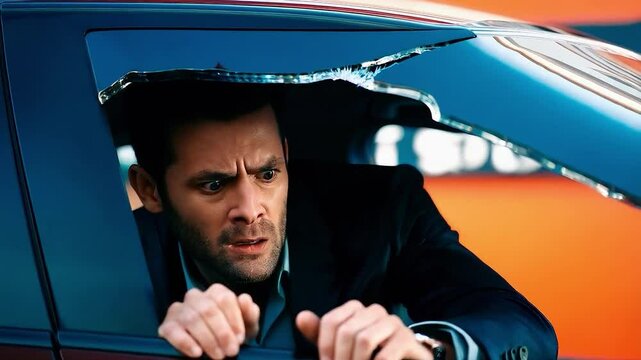 Man Despairing Over Hail-Damaged Car, Climate Change Impact