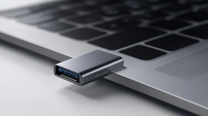 Gray USB-C adapter on laptop keyboard