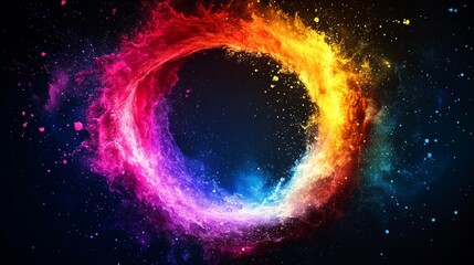 A vivid, dynamic display of swirling multicolored nebula art, forming an illuminated circle on black, conveying emotion, creativity, and cosmic inspiration.