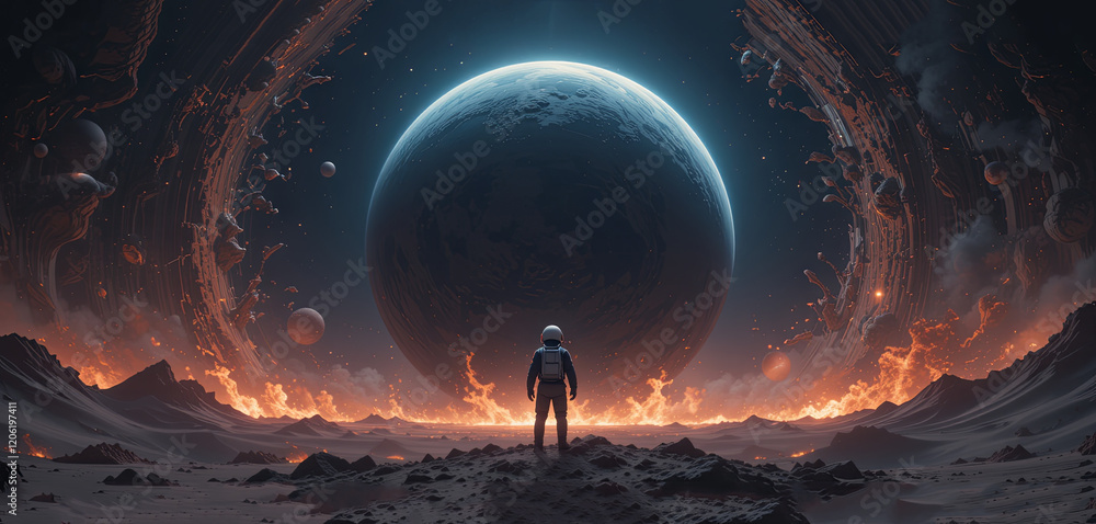 Poster an astronaut in a spacesuit surveys a desolate terrain, captivated by a large planet and swirling co