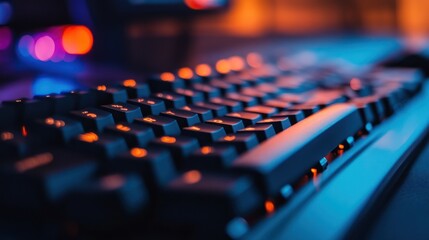 Fototapeta premium Gamer keyboard glows, night gaming setup, RGB lights