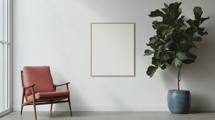 Stylish Interior Design with Empty Frame and Fiddle Leaf Fig Plant