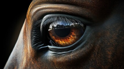 Obraz premium Horse eye close-up, reflecting stable, nature background, equine art