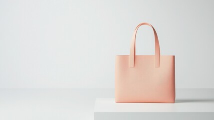 A pale pink tote bag sits on a minimalist white surface against a white background. The soft color and clean lines create a serene and stylish image.