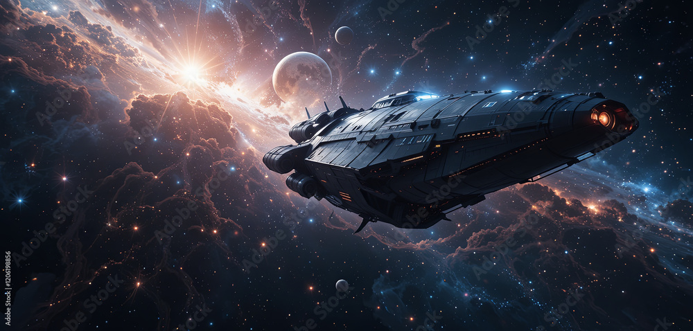 Poster a massive spaceship glides through a colorful nebula, illuminated by shimmering stars and distant pl