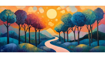 A scenic path winds through a vibrant landscape featuring colorful trees under a bright, glowing sun, evoking peace, serenity, and natural beauty.