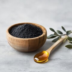 A natural setup with black shilajit powder in a wooden bowl, a honey dipper, and shilajit resin on a plate