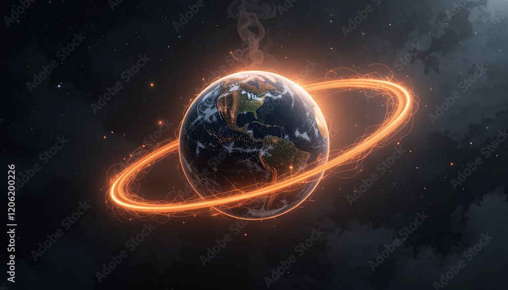 Poster in a captivating display, earth floats in space, encircled by bright, glowing rings. dark clouds and