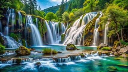 Fototapeta premium Majestic Jiuzhaigou Waterfall: Stunning Cascading Water in Vibrant Forest