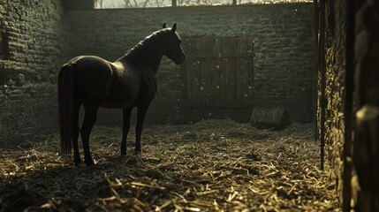 Black horse standing barn, sunlit hay, rustic setting