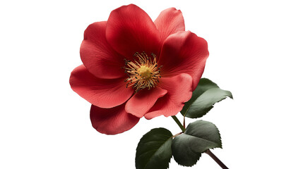 Naklejka premium Close-up of a vibrant crimson rose flower and leaves against isolated on a white background