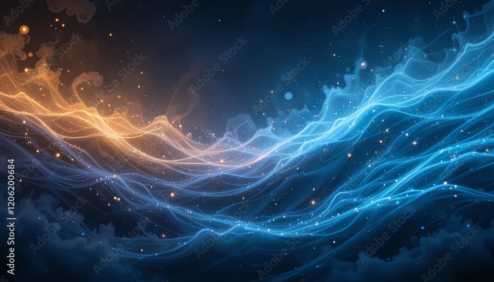 Poster vibrant wave patterns of blue and orange swirl across a dark background, illuminated by tiny glowing