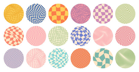 Groovy checkered pattern, round colorful tiled grid. Vintage wavy curved backdrop, distortion effect. Funky geometric chessboard texture, retro background in 90s style, y2k. Vector illustration
