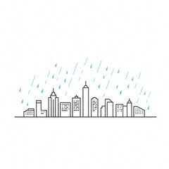 Naklejka premium Minimalist Flat-Line Art of Raindrops Falling Over City Skyline