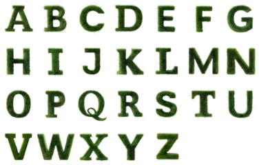 An alphabet where each letter is made of grass, creating a sense of naturalness and environmental friendliness. Transparent background.