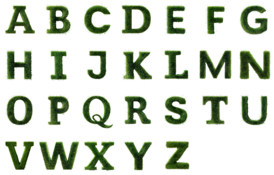 An alphabet where each letter is made of grass, creating a sense of naturalness and environmental friendliness. Transparent background. - Powered by Adobe