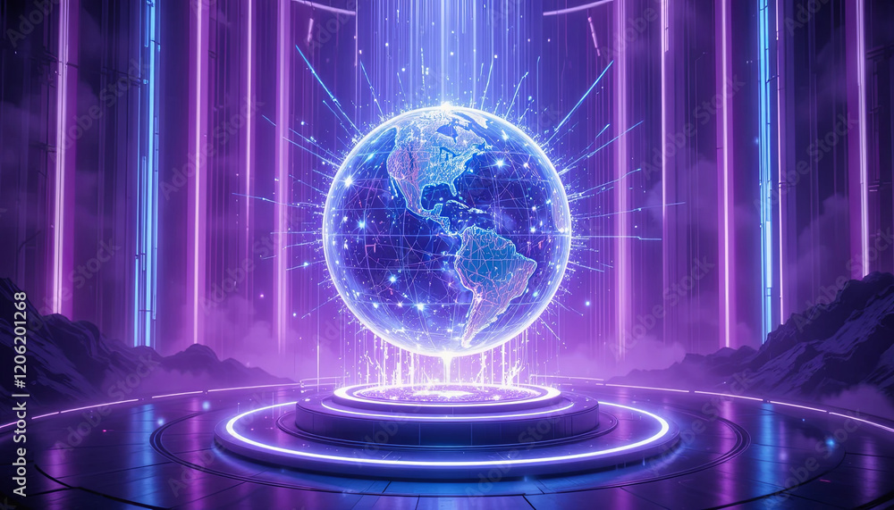 Poster a glowing globe representing the americas is suspended amidst dynamic, colorful lights in a high-tec