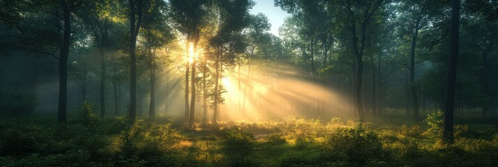 Obraz premium Sunbeams Dancing Through Misty Forest