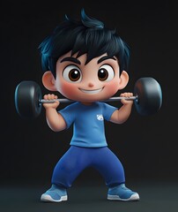 Cartoon Strength Trainer. A lively cartoon-style character confidently lifts a barbell, showcasing strength and enthusiasm.