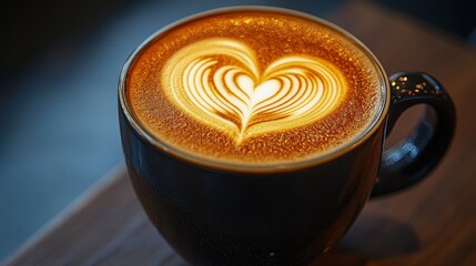 A close-up shot of latte art, showing a perfectly crafted heart shape on the frothy surface of freshly brewed espresso, symbolizing skill, care, and artistic expression.