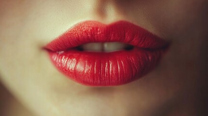Fototapeta premium An evocative close-up image of glossy red lips with slightly parted lipstick application, emphasizing beauty and sensuality with vivid color and dramatic lighting.