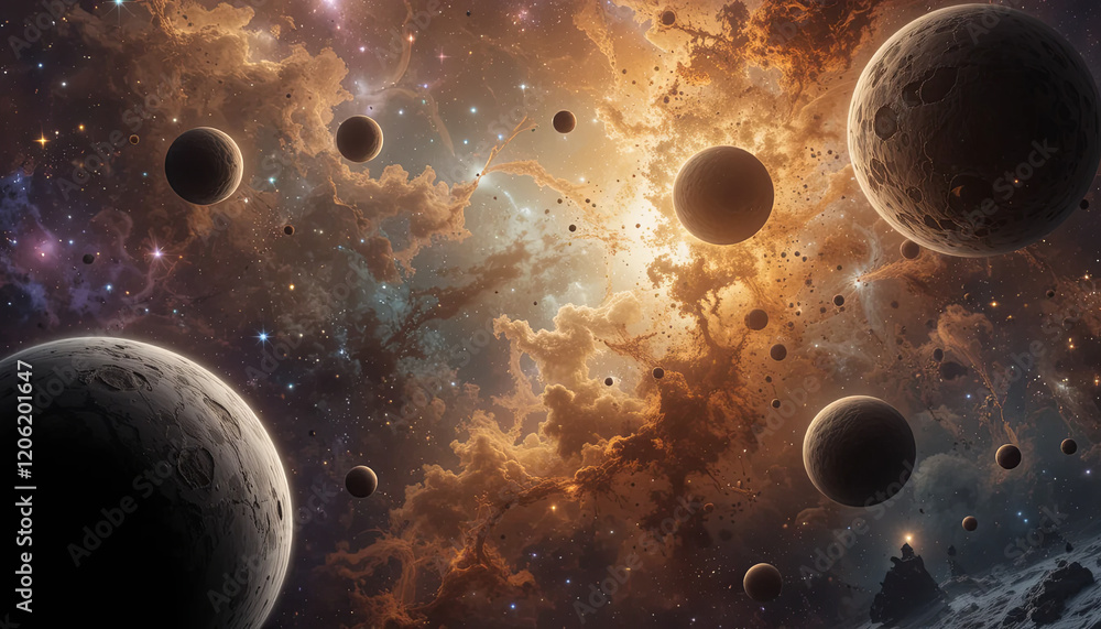Poster in a captivating cosmic setting, multiple planets float among vibrant clouds of gas and dust, illumi