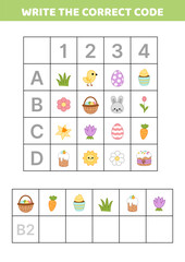 Write the correct code. Easter elements. Educational attention game. Activity for kids. Isolated vector illustration eps 10
