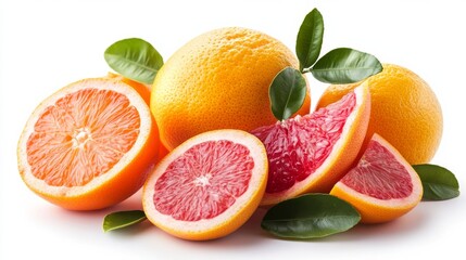 A collection of whole and sliced oranges and grapefruits with vibrant juicy textures, decorated with fresh green leaves, showcasing freshness and citrus zest.