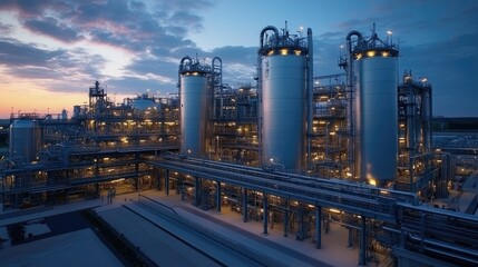 Obraz premium Industrial facility at dusk with illuminated silos and pipelines, showcasing manufacturing processes.