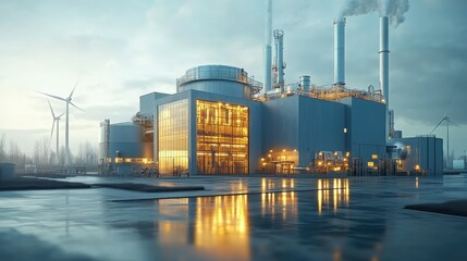 Obraz premium Industrial facility with smokestacks and wind turbines, reflecting innovation and energy production.