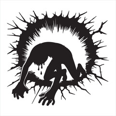An illustration of a silhouette of a stickman exhausted while emerging from a hole silhouette on white background
