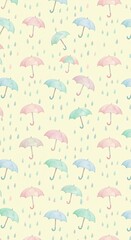 Repeating Seamless Pattern of Umbrellas and Raindrops in Pastel Colors