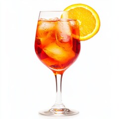 A clear background features an Aperol Spritz cocktail garnished with orange slices in a glass