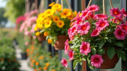 Fototapeta premium Hanging baskets filled with a variety of blooming flowers in a sunny garden. Bright, cascading petals create a cheerful and lively atmosphere.