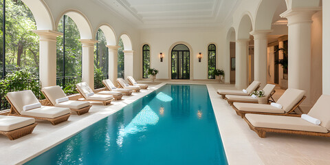 Indoor pool with chaise lounges in a luxurious setting.  Natural light floods the space, creating a tranquil atmosphere.