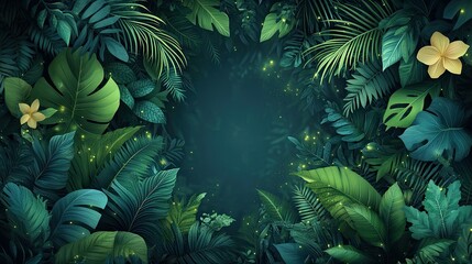 Fototapeta premium Lush green jungle foliage with glowing elements, creating a serene natural ambiance.