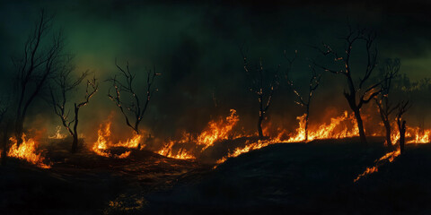 Forest fire disaster illustration, trees burning at night, wildfire nature destruction, damaged environment caused by global warming	