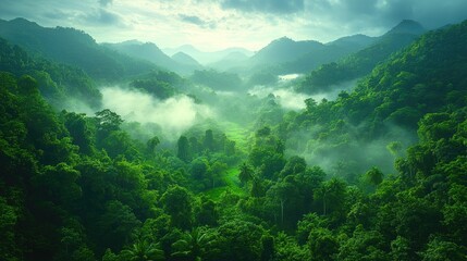 Obraz premium Lush green valley surrounded by mountains, shrouded in mist, evoking tranquility and natural beauty.