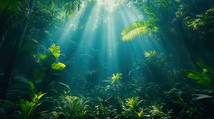 Obraz premium Lush tropical forest with sunlight filtering through dense foliage, creating a serene atmosphere.